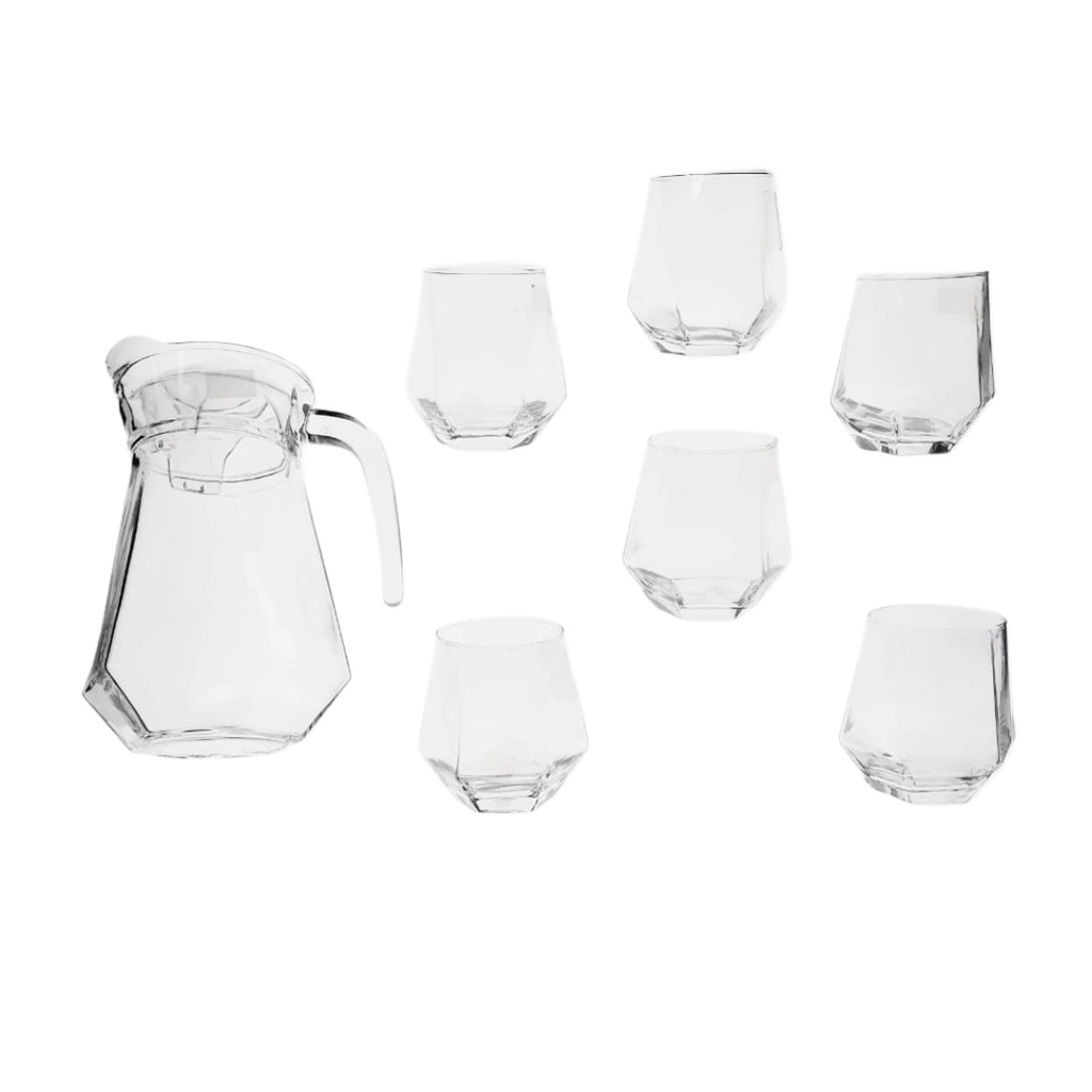 EH1026/7 GLASS SET 7PCS {(JUG- HEIGHT: 21.5CM, DIAMETER: 11CM) (GLASSES: HEIGHT: 10CM, DIAMETER: 6.5CM)}