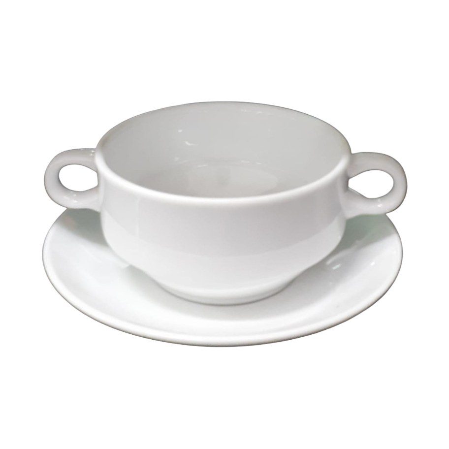 White porcelain soup cup and saucer