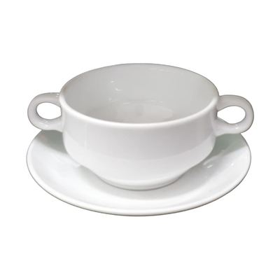 White porcelain soup cup and saucer