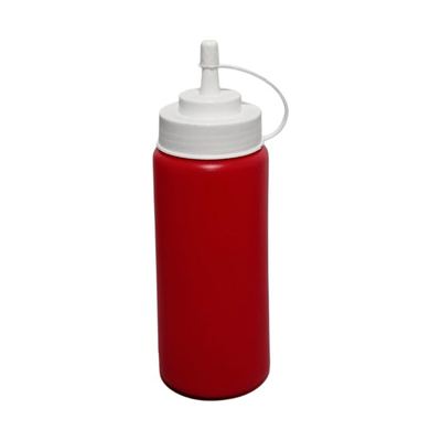 Red plastic squeeze sauce bottle