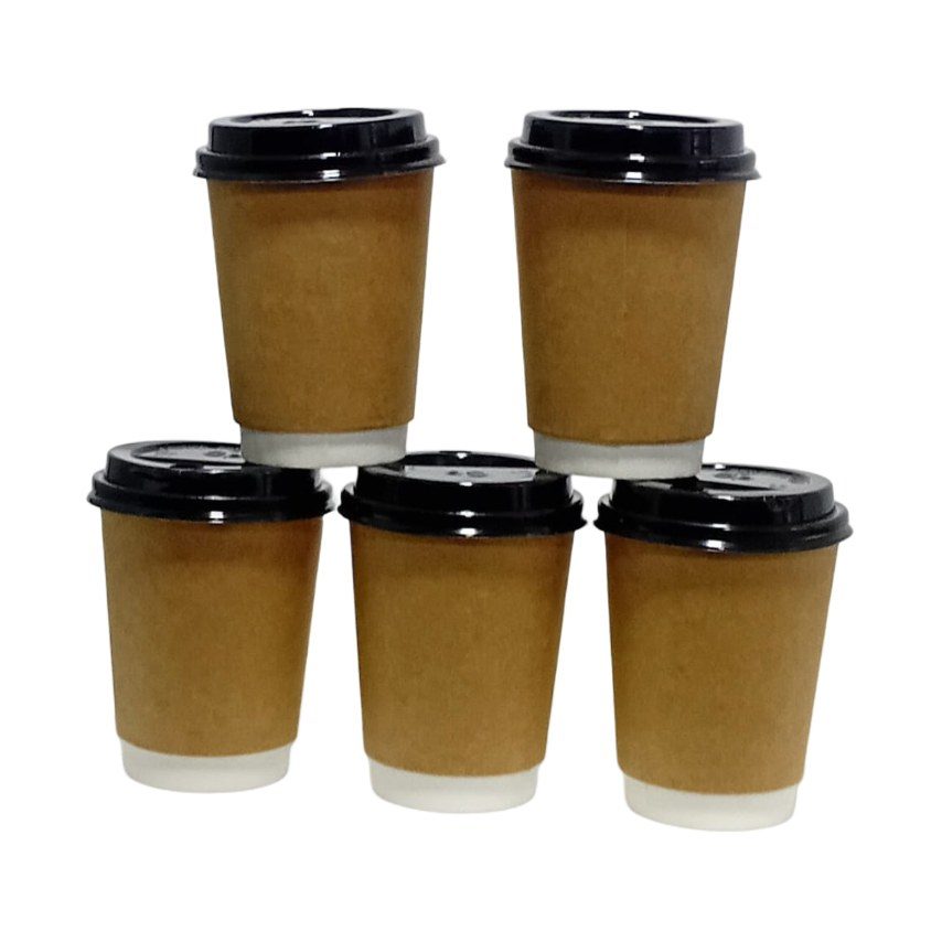 Kraft Paper Coffee Cups with Lids, 5 Pack