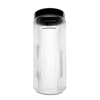 Ribbed Glass Storage Jar with Black Lid