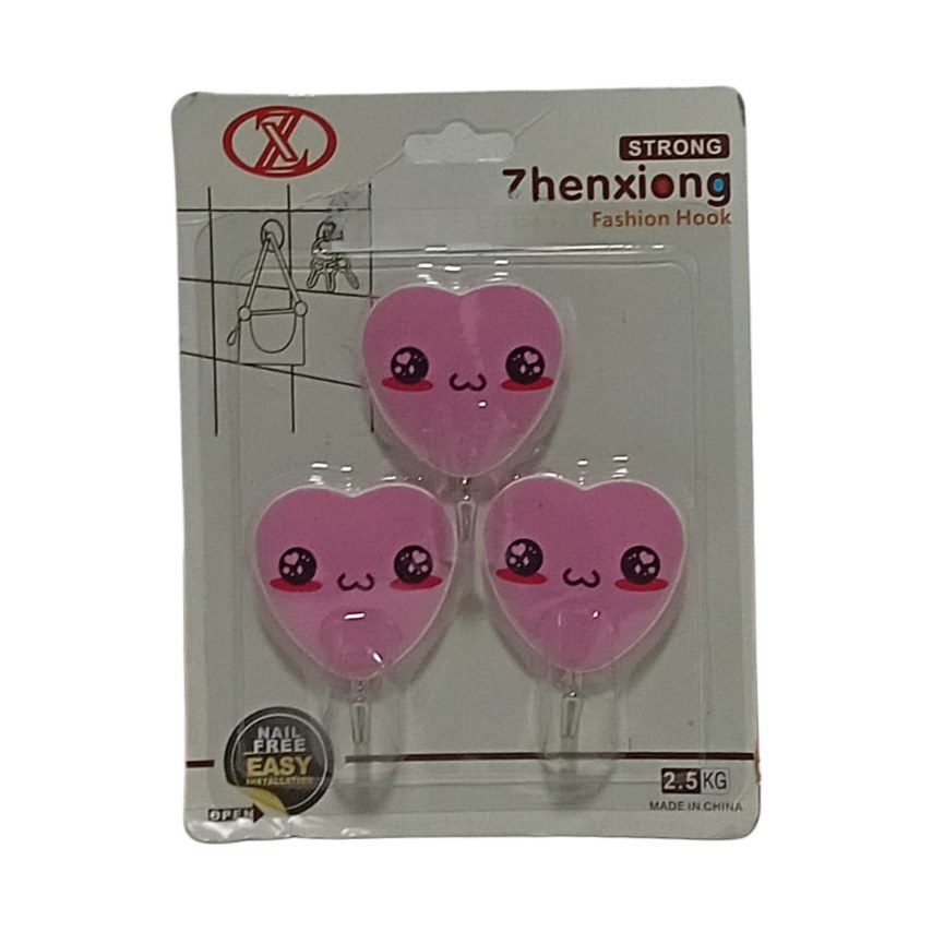 Pink Heart Self-Adhesive Wall Hooks (3 Pack)