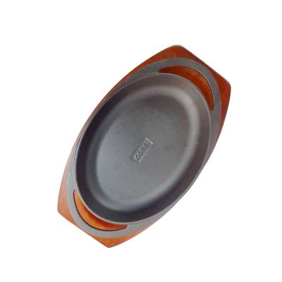 Oval Cast Iron Sizzling Plate With Wooden Base