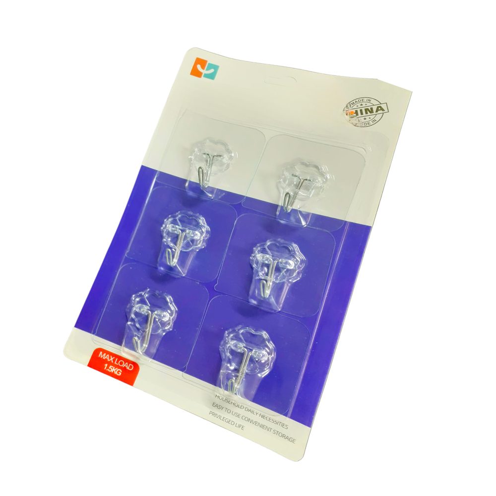 Clear Self-Adhesive Wall Hooks, 6 Pack