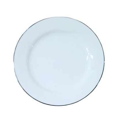 White dinner plate with silver rim