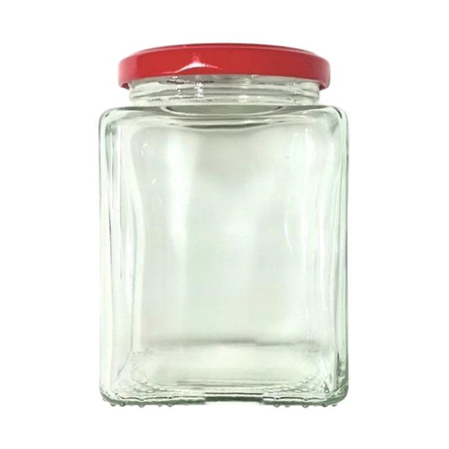 450ml Square Glass Jar, Red Lid