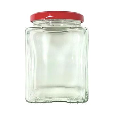 450ml Square Glass Jar, Red Lid