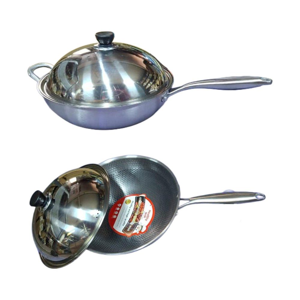 Honeycomb stainless steel wok with lid, 34cm