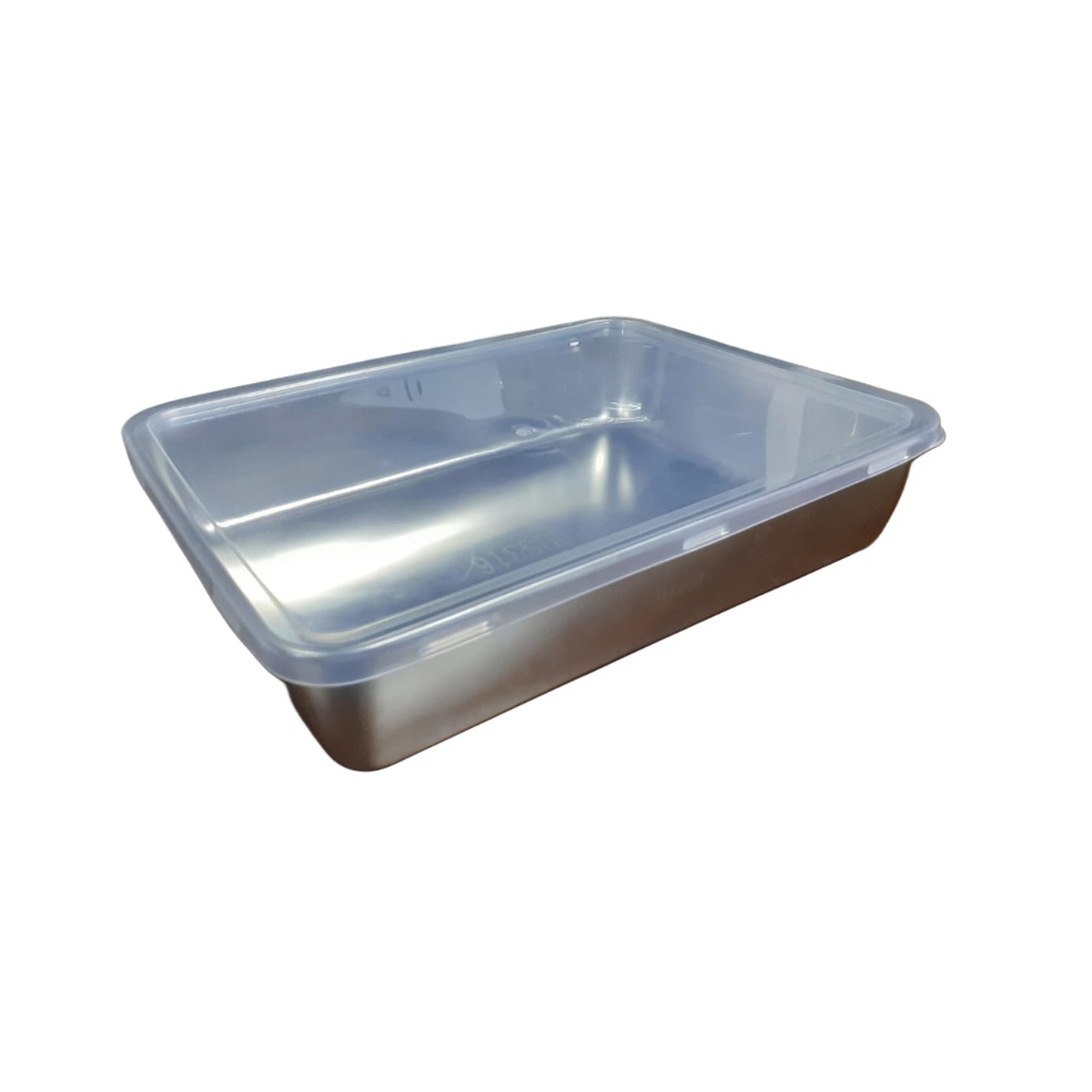 STAINLESS STEEL CONTAINER WITH PLASTIC LID LENGTH:26CM ,WIDTH:20CM HEIGHT 5.5CM)