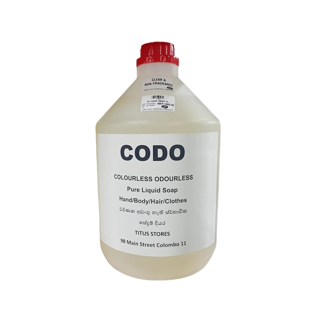 CODO 4 Litre Can - COLOURLESS ODOURLESS PURE LIQUID SOAP